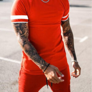 Red Striped Drawstring Two Piece Shorts Set