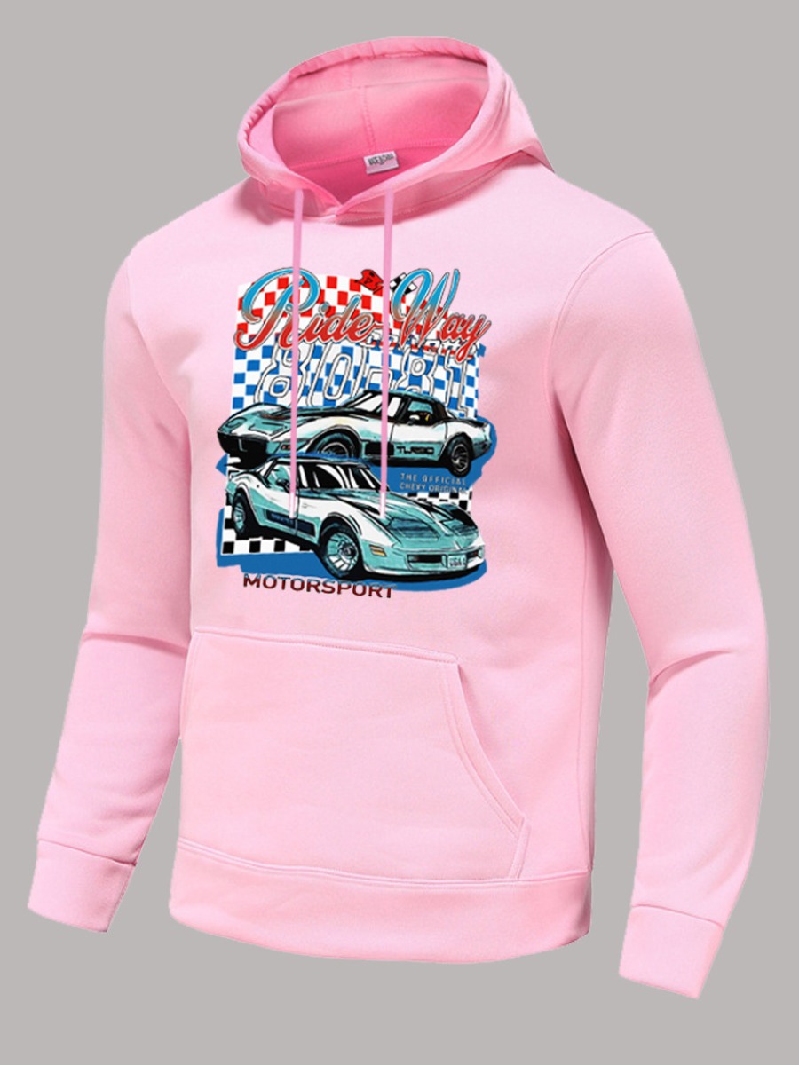 Race Car & Letter Print Kangaroo Pocket Pink Hoodie - Image 4