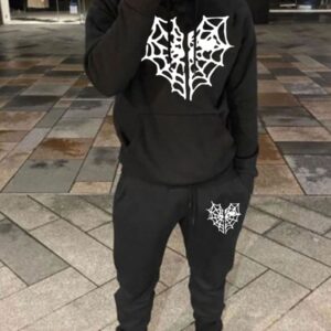 Heart Web Print Black Hooded Tracksuit Set