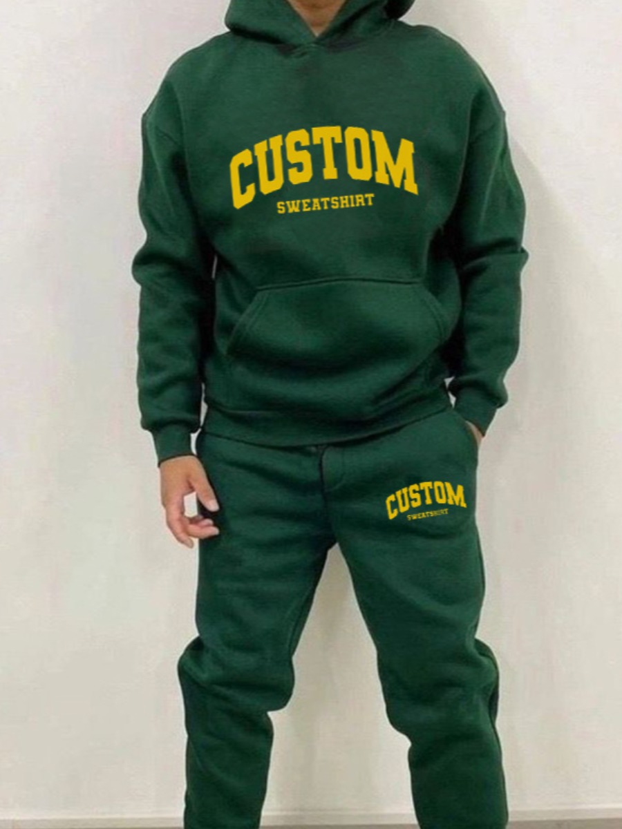 Green Letter Print Hooded Tracksuit Set
