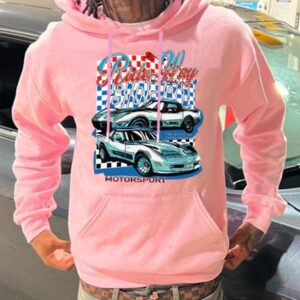 Race Car & Letter Print Kangaroo Pocket Pink Hoodie