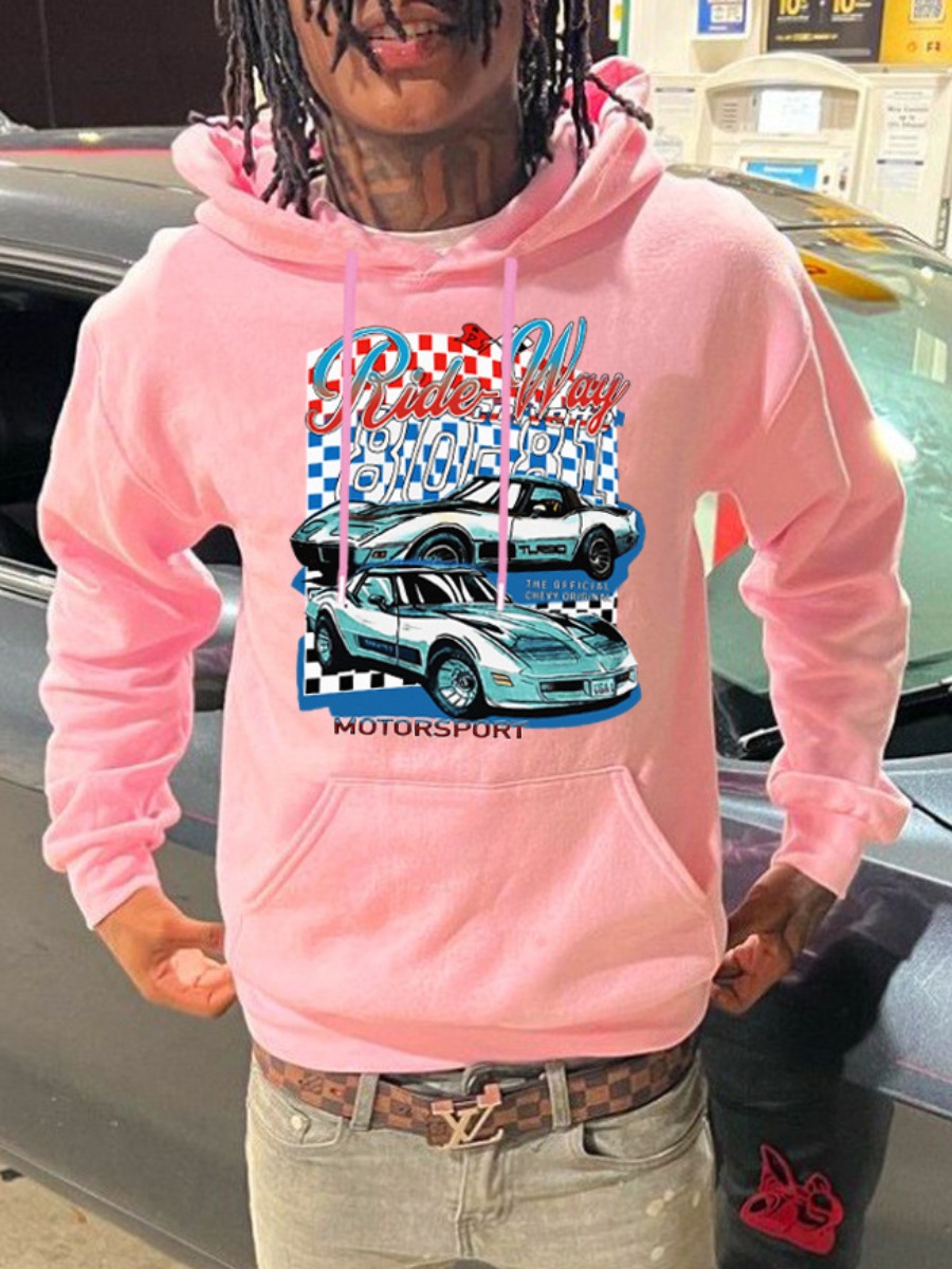 Race Car & Letter Print Kangaroo Pocket Pink Hoodie