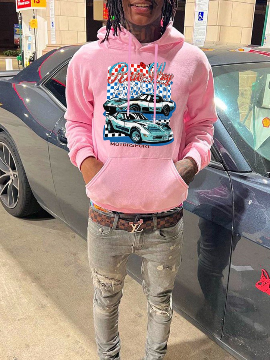 Race Car & Letter Print Kangaroo Pocket Pink Hoodie - Image 2