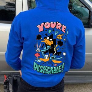 Blue Cartoon Print Kangaroo Pocket Hoodie