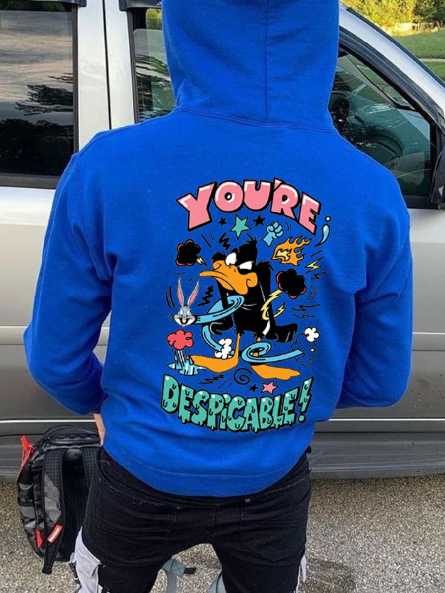 Blue Cartoon Print Kangaroo Pocket Hoodie