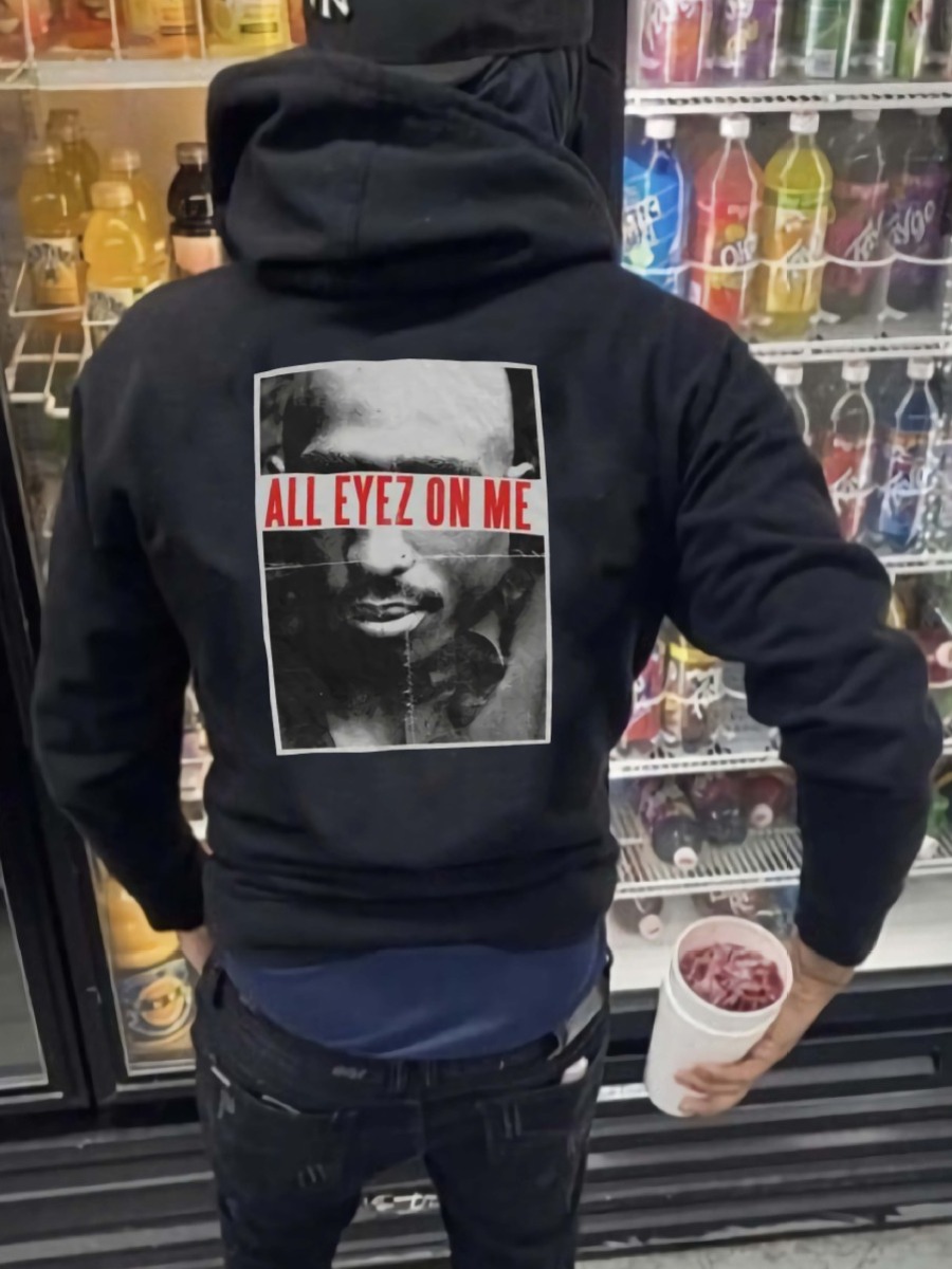 Black Back Print 'All Eyez' Kangaroo Pocket Hoodie