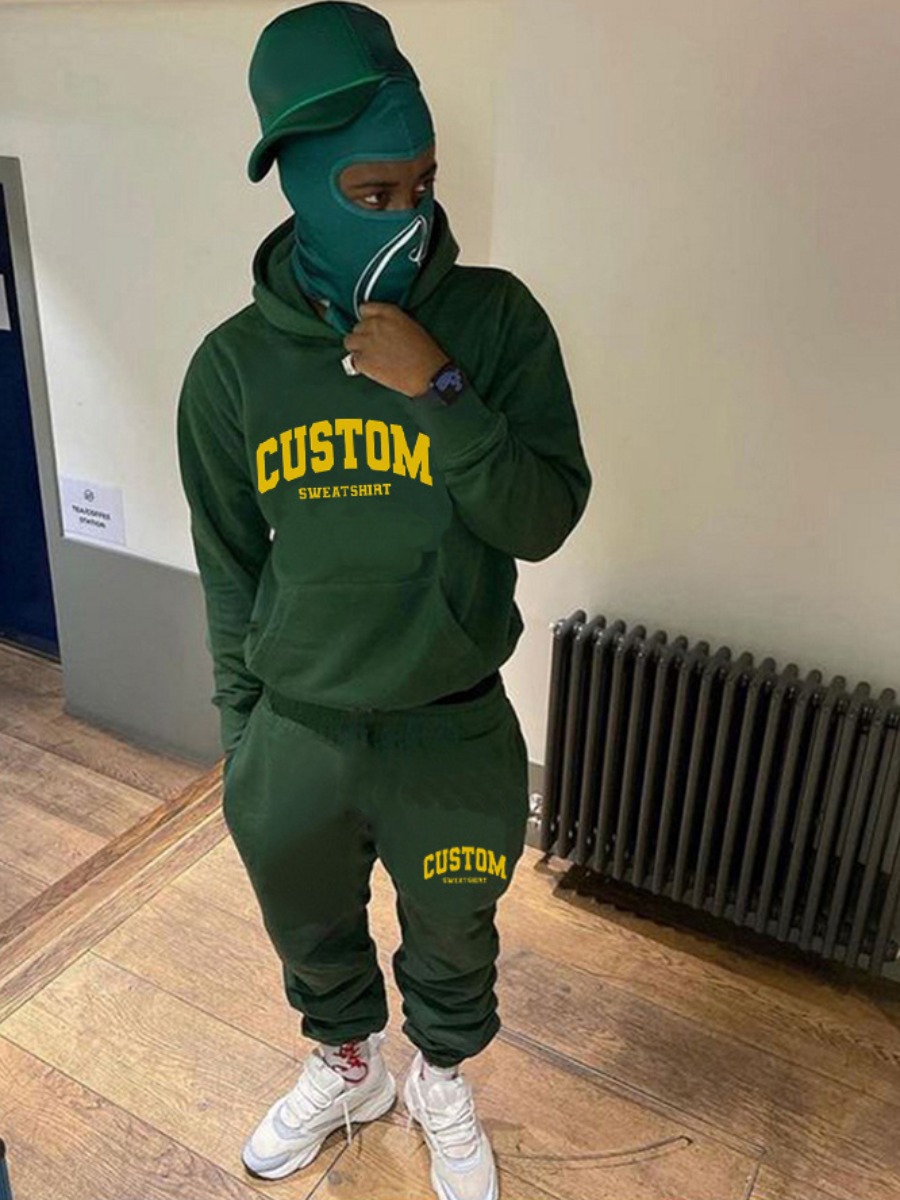 Green Letter Print Hooded Tracksuit Set - Image 2