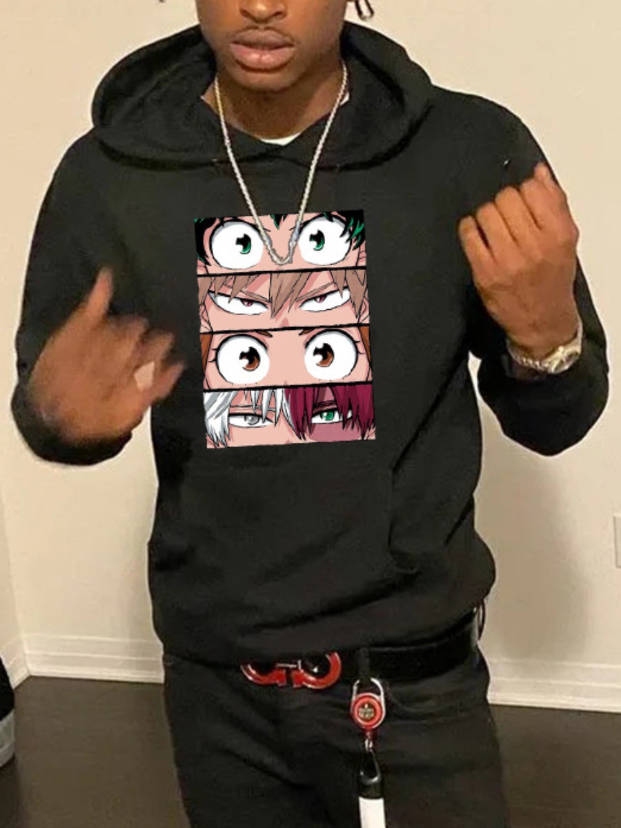 Black Anime Print Hoodie