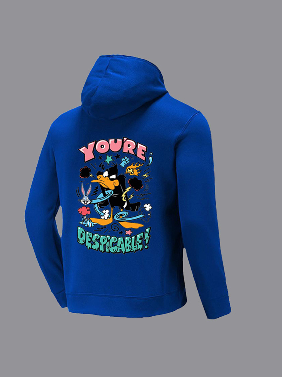Blue Cartoon Print Kangaroo Pocket Hoodie - Image 2