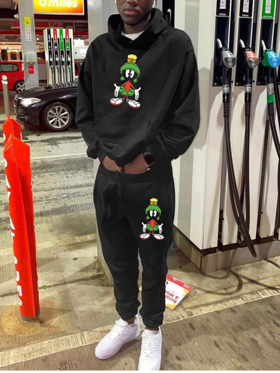 Black Cartoon Print Tracksuit Set