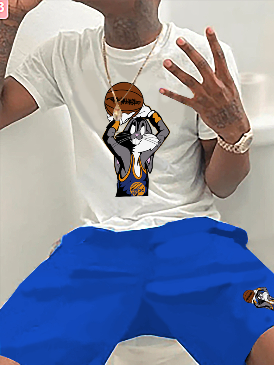 Blue & White Basketball Bunny Shorts Set