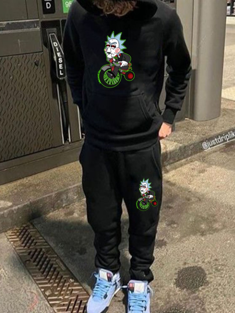 Black Cartoon Print Tracksuit Set